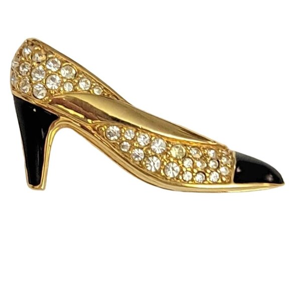 Swarovski Gold Tone Clear Rhinestone Black Enamel Heel Pump Shoe Brooch Pin M499
